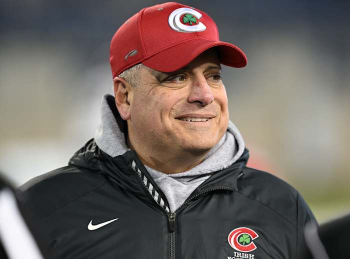 Toledo Central Catholic football head coach Greg Dempsey smiles during the 2022 state championship game. Photo credit: Jeff Harwell, SBLive Sports